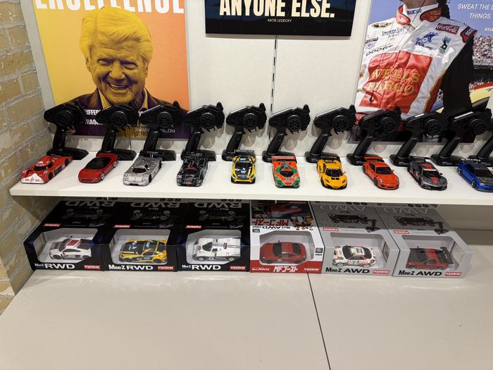 Boxed Kyosho Mini-Z cars on the shelf