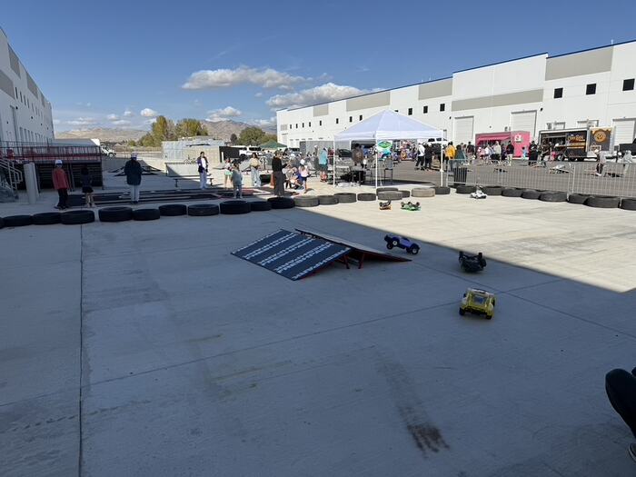The outdoor RC track with jumps, set up alongside the ramps
