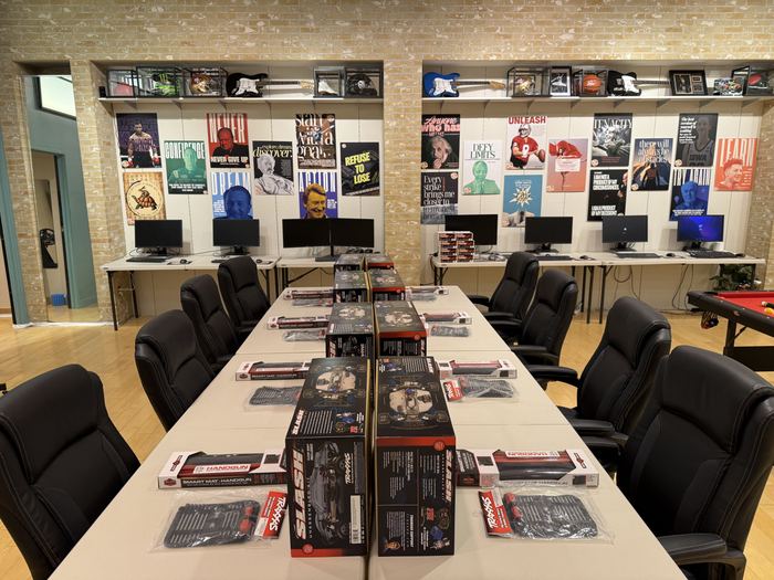The whole classroom set up for a Traxxas Slash build
