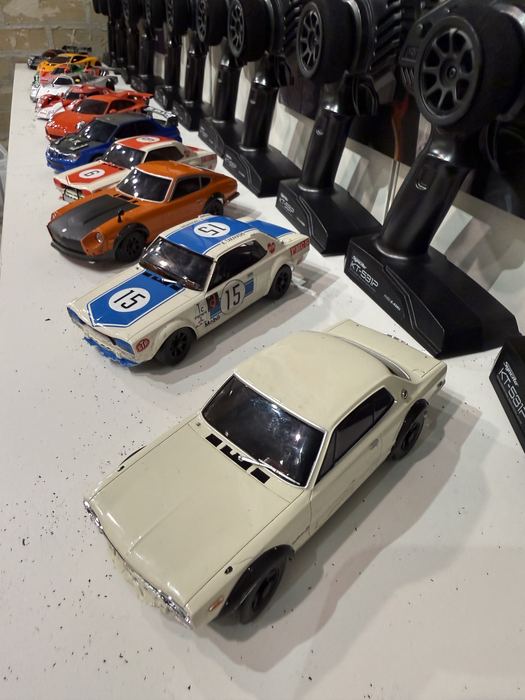 One of the RC trucks the teens built, on the bench